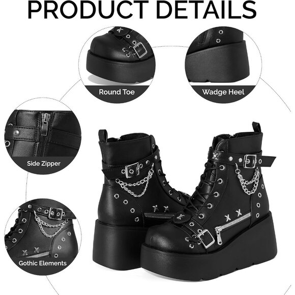 Women Polyurethane A-black Wedge Round Toe Buckle Combat Leather Platform Boots - Picture 5 of 7